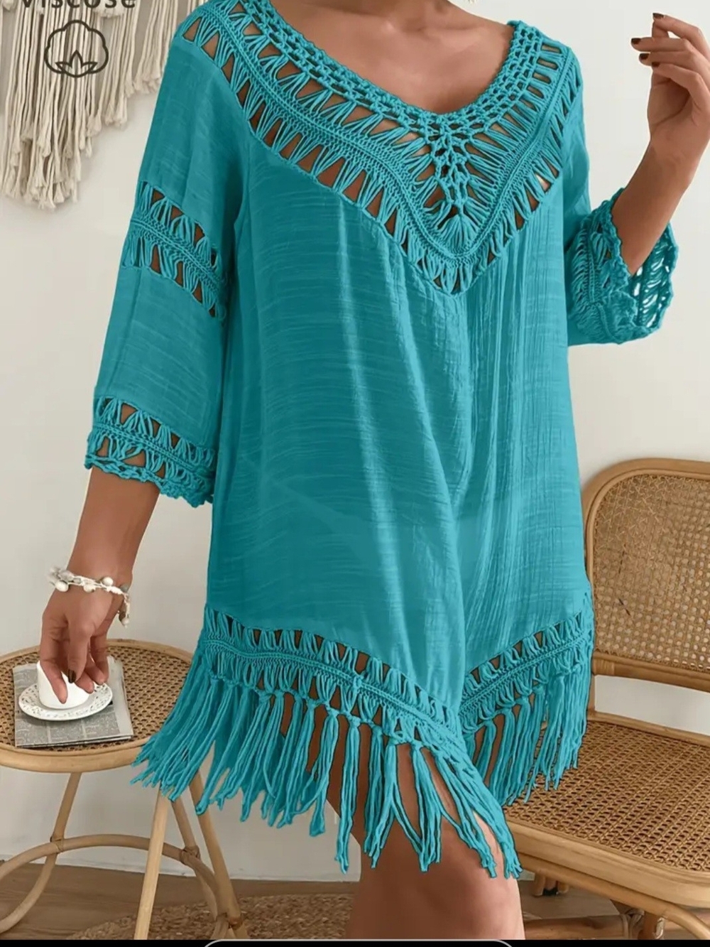 Women’s Teal Crochet Fringe Swim Cover-Up